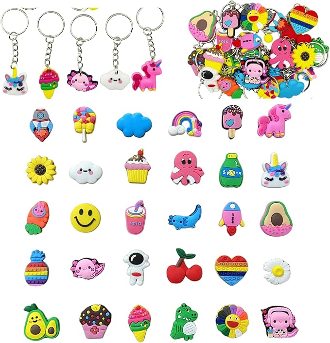 Ella & Emma 30/50/100 Bulk Different Keychains, Mixed Non-Repeat Cute Key Chain for Classroom Prizes Students Incentives Holiday Gifts Party Favors (30pcs Girls Mixed)