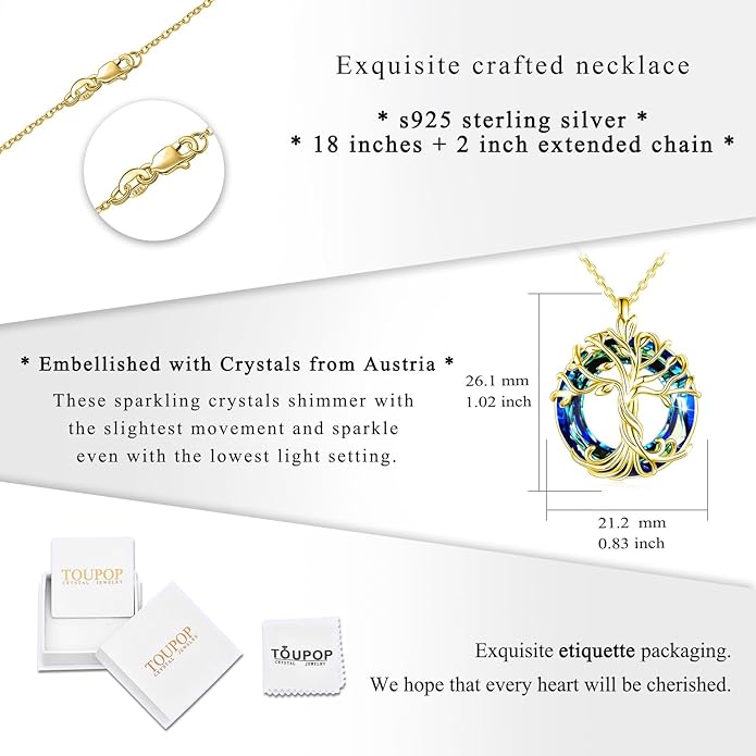 TOUPOP Tree of Life Necklace 925 Sterling Silver Family Tree Pendant Austrian Crystal Jewelry Valentines Day Birthday Gifts for Women Mom Wife Her