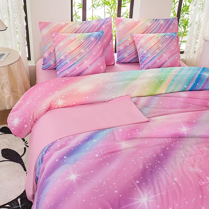 Twin Comforter Set for Girls Galaxy Bedding 7pieces, Ombre Bedding Comforter Sets Rainbow Comforter, Twill Pink