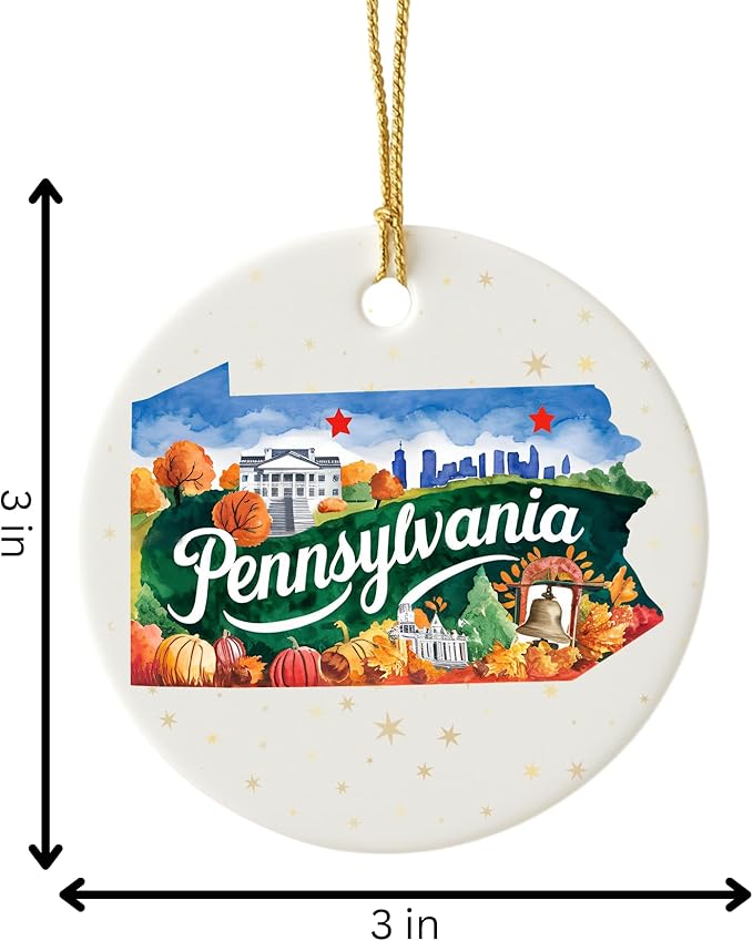 USA State Landmark Ceramic Ornament – Round Glossy Christmas Decoration Featuring U.S. State Art, Landmarks & Holiday Scenery – Collectible Travel Souvenir Ornament Series (Pennsylvania)