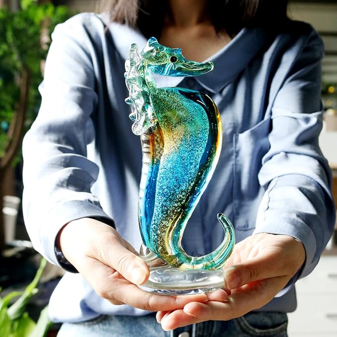 QFkris 8" Handmade Blown Glass Blue Seahorse Figurines Collectible Art Glass Blown Animal Sculpture for Home Decor