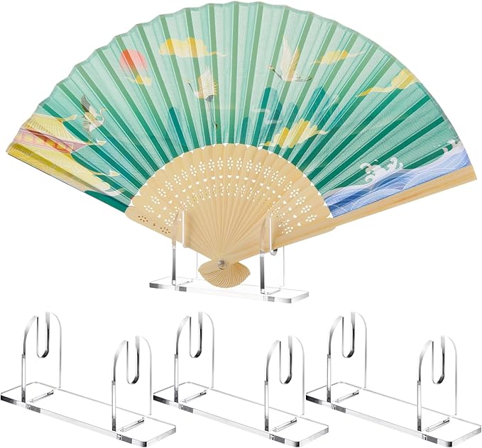 Roowest 4 Pcs Acrylic Fan Display Stand Folding Clear Fan Holder Easel Japanese Chinese Hand Fan Stand Foldable Handheld Fan Display Stand Base Fan Organizer