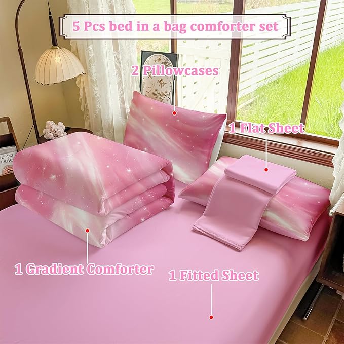 Full Size Bedding Sets Kids Bedding Sets for Girls, Galaxy Bedding 5 Pieces Bed in A Bag Full Size, Glitter Colorful Comforter for Girls