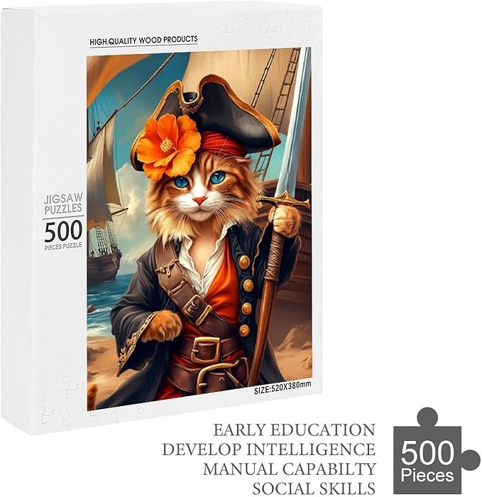 Wooden Puzzle - Classic Pirate Cat Leader Jigsaw Puzzles，Wooden Puzzles for Adults 500 Pieces Challenge Puzzles，Educational Games，Family Puzzles，Unique Gifts for Wall Art