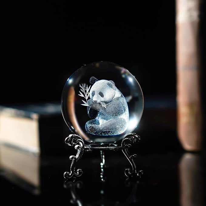 ZEERSHEE 60mm Glass Laser Engraved Panda Ball with Stand Crystal Cute Panda Collectibles Figurines Table Centerpieces Paperweights Decoration for Home Panda Gifts for Women