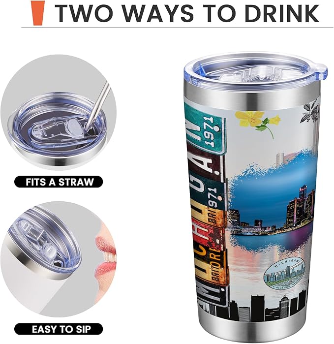 20oz Insulated Tumbler Michigan State Coffee Mug, United States Map Travel Mug Landmark, Birthday Gifts Cute Custom Tumbler Cups with Lid and Straw Mothers Day Gifts