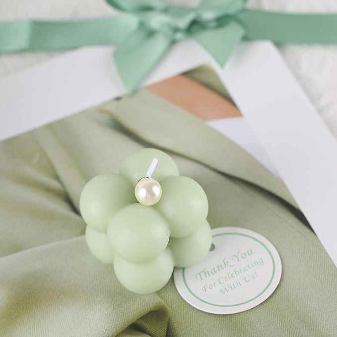 ACITHGL 30 Sets Fully Assembled Small Bubble Candle Party Favors for Guests Bulk Bridal Showers Favors Candles with Stylish Ribbons Thank You Cards Gifts (Green)