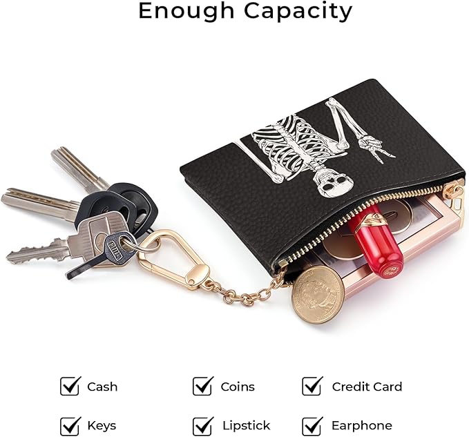 Funny Skull Skeleton Keychain Coin Purse for Women, Small PU Leather Change Pouch, Zipper Little Tiny Travel Wallet for Girls, Cute Kawaii Zip Pocket Coin Holder with Key Ring