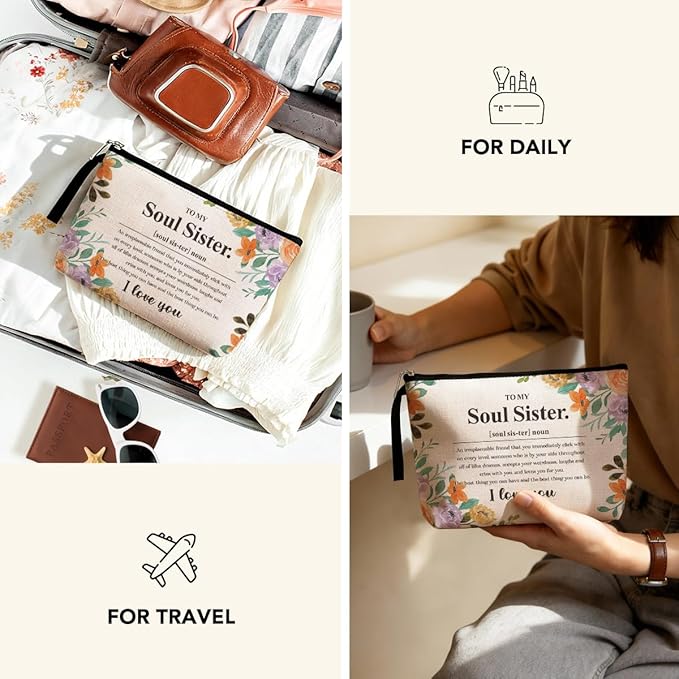 Sisters Gifts from Sister Inspirational Soul Sister Definition Noun Makeup Bag Friendship Gifts for Women Best Friends Women Bestie BFF Cosmetic Bag Zipper Pouch Bag Travel Bag for Christmas Birthday