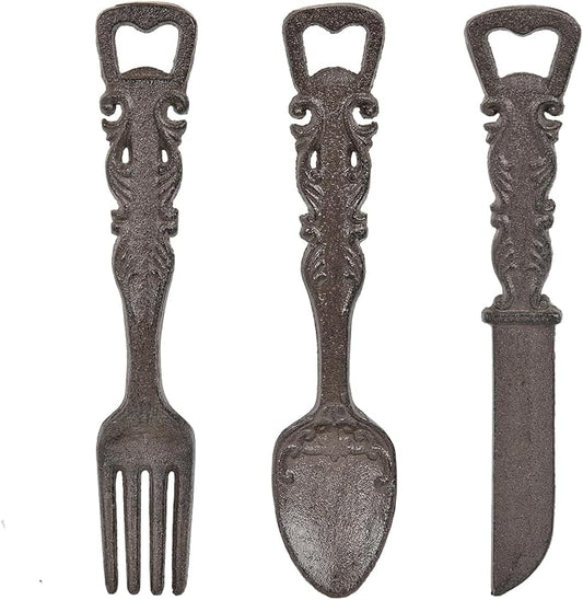 Sungmor Cast Iron Utensil Wall Décor Set with Bottle Opener - Vintage Fork, Spoon & Knife Wall Sculpture - Set of 3 Rustic Hanging Accents for Kitchen, Dining Room or Bar