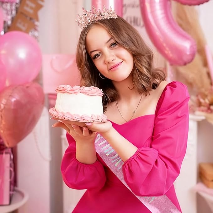 COCIDE Pink Birthday Queen Sash for Women Happy Birthday Crowns Princess Tiaras Sashes for Girl Crystal Party Decorations Rhinestone Headband Supplies Decor