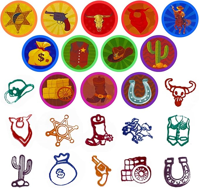 Cinrobiye 24 Pcs Western Cowboy Party Stampers for Boys Girls,Wild West Birthday Party Supplies Favors, Classroom Rewards Carnival Prizes, Goodie Bag Fillers for Wild West Wooden House BarnParty