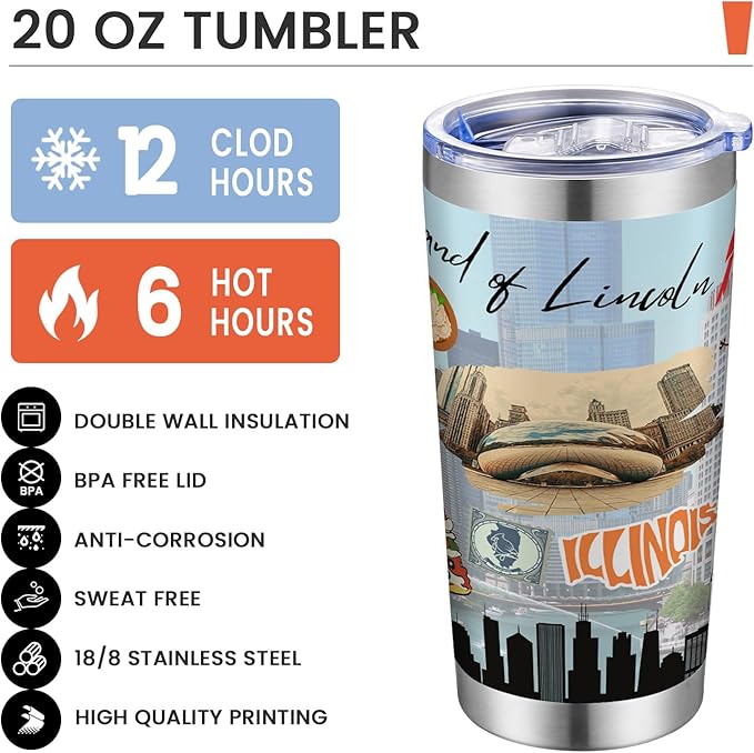 20oz Insulated Tumbler Illinois State Coffee Mug, United States Map Travel Mug Landmark, Birthday Gifts Cute Custom Tumbler Cups with Lid and Straw Mothers Day Gifts