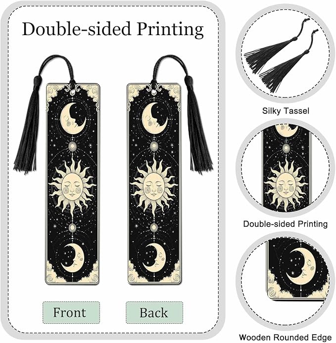 Mystical Sun Face Bookmarks Set 5 with Tassels Crescent Moon Golden Stars Planets Wooden Bookmarks for Reading Women Men Students Teachers School Supplies