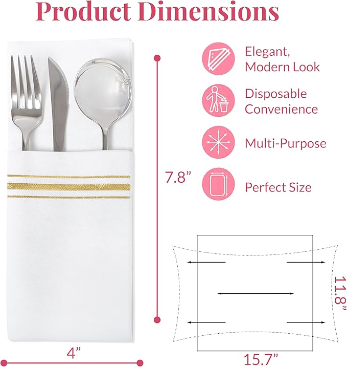 Prestee Disposable Guest Towels for Bathroom - Linen-Like Paper Hand Towels - White with Gold Stripes - 7.8"x4" Folded - 50 Count - Elegant Bathroom Napkins for Events and Parties