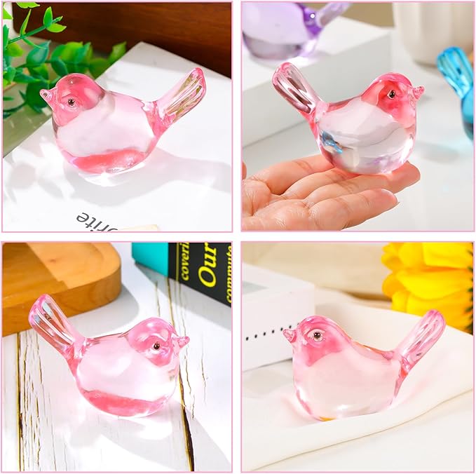 Crystal Pink Birds Figurines, Handmade Glass Birds Collectible Figurines Paperweights Blown Crystal Bird Decor Gifts for Bird Lovers Women Mom Friends (Pink)