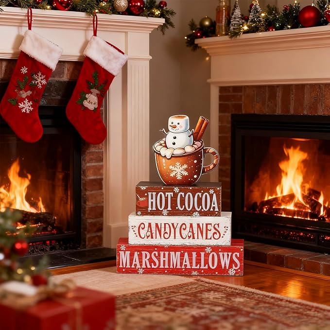 4 Pieces Christmas Hot Cocoa Wooden Table Decorations, Rustic Wooden Blocks and Cocoa Sign for Tiered Tray, Tabletop Centerpieces, Desk, Kitchen, Shelf Decor, Holiday Gift Idea