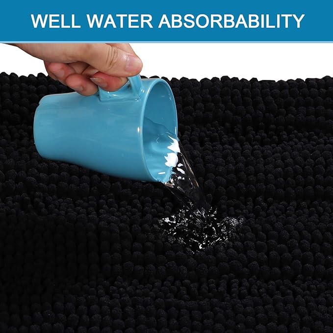 H.VERSAILTEX Bath Rugs for Bathroom Non Slip Bath Mats Extra Thick Chenille Striped Rug 20" x 32" Absorbent Non Skid Fluffy Soft Shaggy Washable Dry Fast Plush Mat for Indoor, Bath Room, Tub - Black