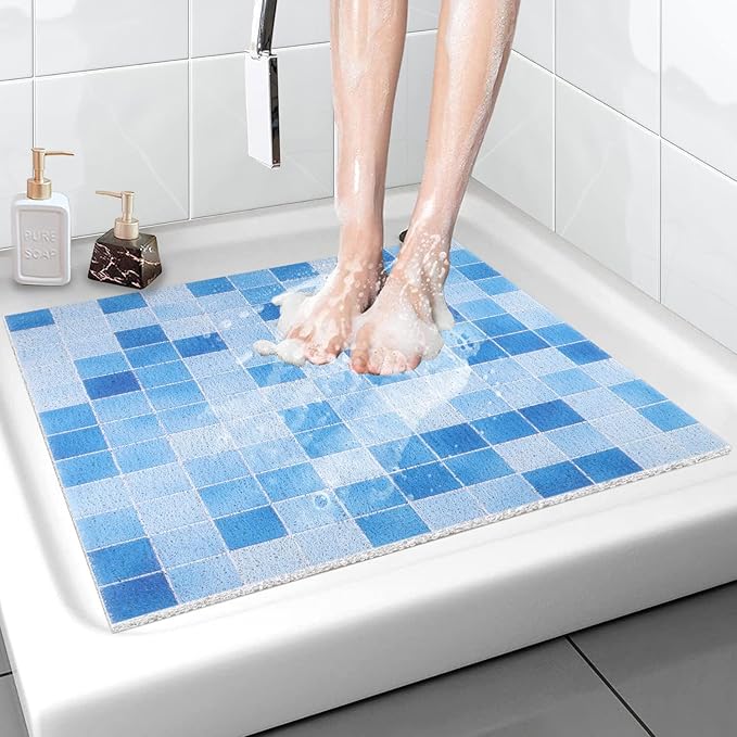 Shower Mat Non-Slip, Soft Comfort Bath Mat with Drainage Holes, PVC Loofah Massage Bathmat for Shower, Bathroom, Wet Areas, Quick Drying