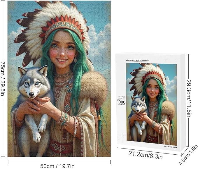 Puzzles for Adults 1000 Pieces Wooden Jigsaw Puzzle - Indian Beauty & Wolf，Native American Theme Puzzle，Party Games，Family Toys，Educational Puzzles，Stress Relief Wooden Puzzle，Home Decoration