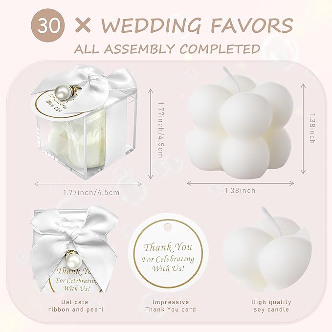 ACITHGL 30 Sets Fully Assembled Small Bubble Candle Party Favors for Guests Bulk Bridal Showers Favors Candles with Stylish Ribbons Thank You Cards Gifts (White)