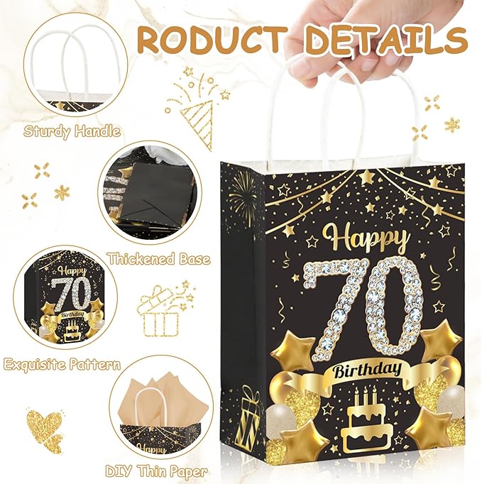 50Pcs 70th Birthday Party Favors Gift Bags Bulk, Black and Gold Happy 70th Gift Candy Wrap Bags with Tissue Paper, Vintage 70th Birthday Decorations Souvenir Bag for Men Women Anniversary Supplies (70th)