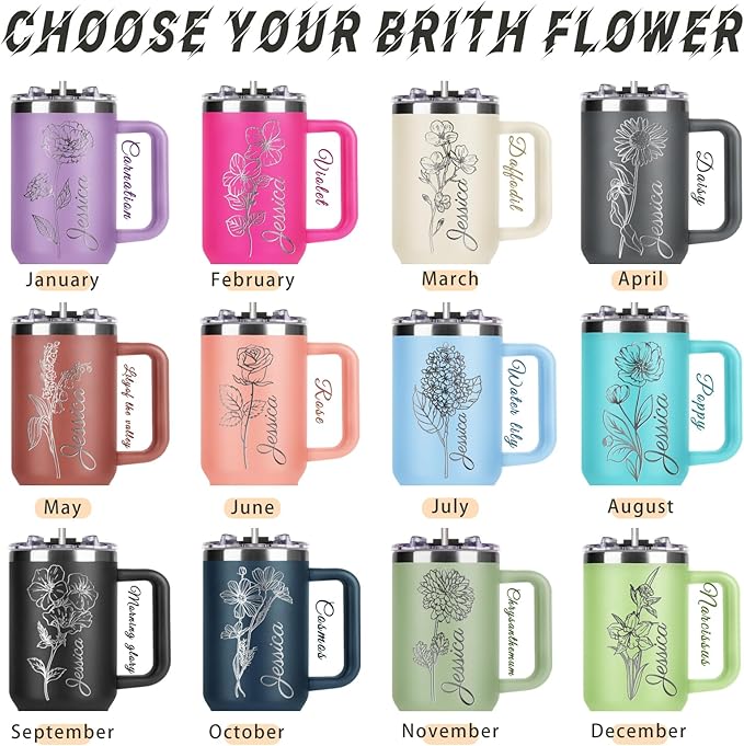 Made in USA - Personalized 40 Oz Tumbler with Handle and Straw - Custom Birthday Gifts with Name/Birth Flower for Wowen Girlfriend- Personalized Tumbler Bridesmaid Gifts for Wedding