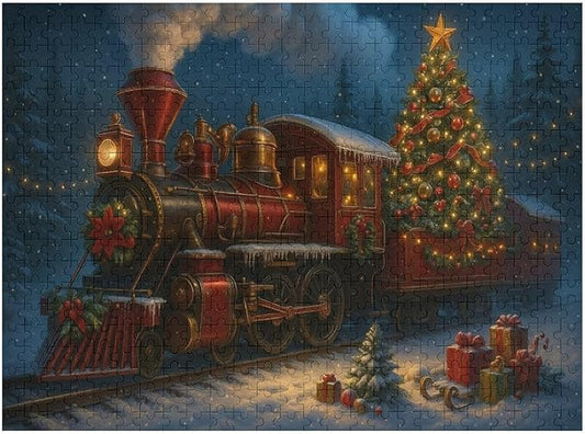 Christmas Train and Tree 1000-Piece Wooden Jigsaw Puzzle, Festive Holiday Train Scene, Cozy Family Fun, Indoor Relaxation and Mindful Leisure Gift