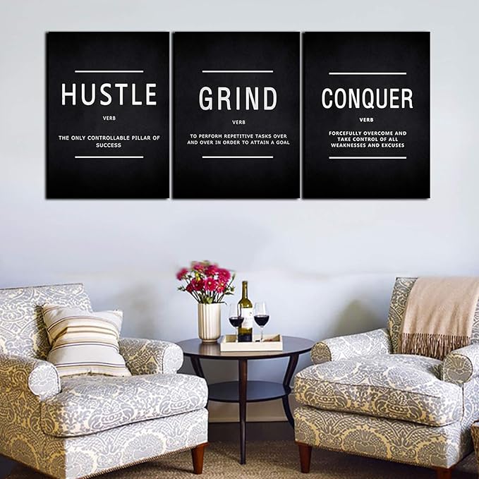 BWSPACE Large Inspirational Wall Art Office Decor Motivational Wall Art Canvas Prints Entrepreneur Bundle Set 3 Pieces Inspirational Grind Hustle Success Conquer Decorations Ready To Hang (72" W x