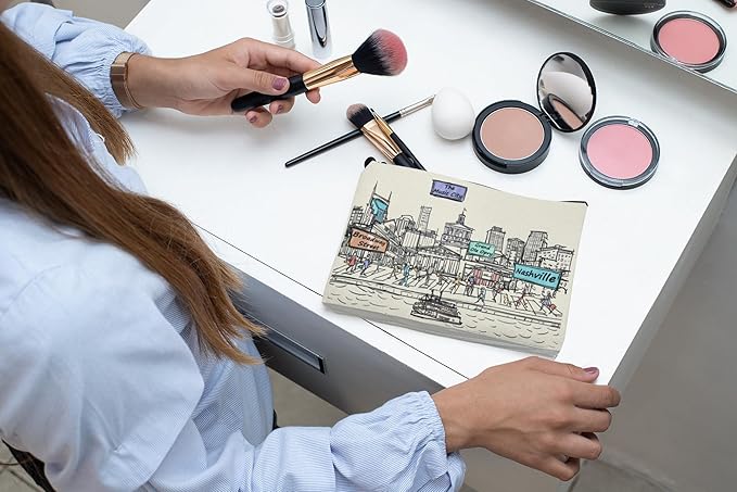 Cities Around the World Artwork Cosmetic Bag Series – Designed in USA, Travel Makeup Bag with Zipper, Souvenir Gift for Women, Artwork Organizer for Purse or Toiletry (Nashville)