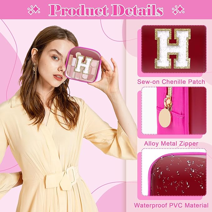 Personalized Initial Letter Clear Preppy Makeup Bag,Mini Nylon Chenille Letter Cosmetic Bag Cute Zipper Pouch Coin Purse for Teen Girls,Portable TSA Approved Travel Essentials Bag Gift for Women,H