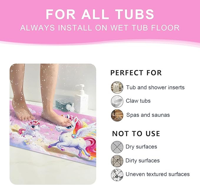 XIYUNTE Baby Bath Mat for Tub Non Slip Kids Bath Mat - 40''x16'' Extra Long Cartoon Bathtub Mat Non Slip Kids Shower Mat Eco-Friendly Toddler Bath Mats with Suction Cups, Machine Washable, Unicorn