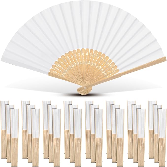 Yinkin 24 Pack Folding Fans Bamboo Handheld Folded Craft Hand Japanese Chinese Fans for Weddings Bridal Dancing Church DIY Decoration Women Gift Party Favors (White)