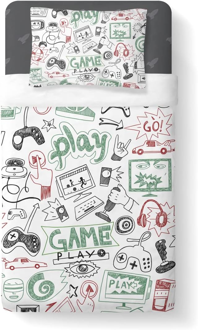Game Comforter Sets for Boys Teen Twin Size,Kids Video Games Bedding Set Sketch Style Athletic Racing Game Design Bedroom Home Decor