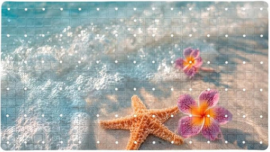 Bath Tub Mat Non Slip 15.1 x 26.8 Inch, Starfish and Flower on The Summer Beach in Sea Water Eco Friendly Bathmat with Suction Cups Drain Holes Shower Tub Mats