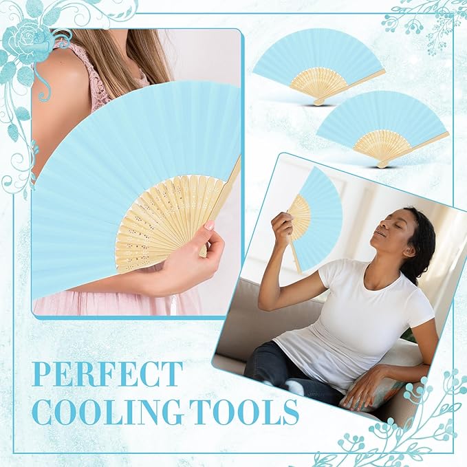 Yinkin 100 Pack Folding Fans Bamboo Handheld Folded Craft Hand Japanese Chinese Fans for Weddings Bridal Dancing Church DIY Decoration Women Gift Party Favors (Light Blue)