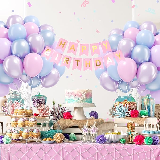 60pcs Pearl Pink and Blue Purple Balloons 12inch, Frozen Mermaid Balloons with Pastel Balloon for Mermaid Snowflake Baby Shower Birthday Party Decorations