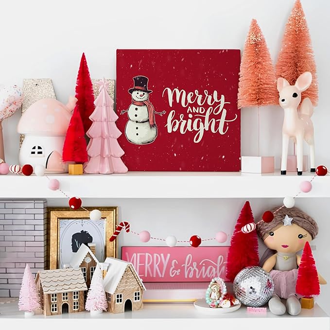 Mtrgdn Christmas Snowman Decor, Merry Christmas Decorations Indoor, Christmas Decor for Table Wood Box Sign,winter Decor for Home Table ,Red Farmhouse Winter Wooden Decorations Merry and Bright