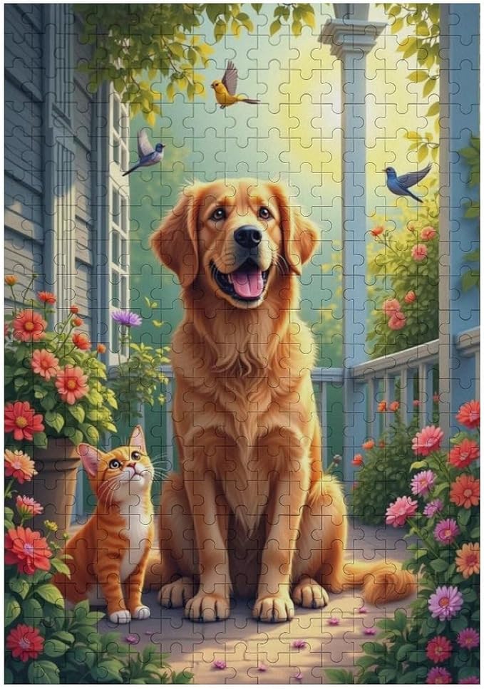 Wooden Puzzle - Garden Golden Retriever Jigsaw Puzzles，Wooden Puzzles for Adults 300 Pieces Challenge Puzzles，Educational Games，Family Puzzles，Unique Gifts for Wall Art