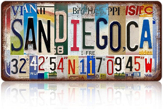 Vintage City License Plate San Diego,Ca Wall Decor Metal Tin Sign for Bar Home Bedroom 12 x 6 Inches （Including latitude and longitude）