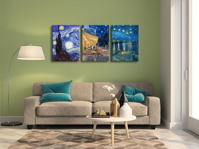 Wieco Art 3 Panels Canvas Prints of Vincent Van Gogh Paintings Reproduction Starry Night Over the Rhone Cafe Terrace at Night Canvas Wall Art for Living Room Home Office Decor