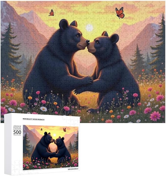 Wooden Puzzle - Two Playful Black Bears Wooden Puzzles for Adults 500 Pieces Challenge Puzzles，Educational Games，Family Puzzles，Unique Gifts for Wall Art ，Funny Puzzles