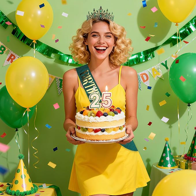 COCIDE Green Birthday Queen Sash for Women Happy Birthday Crowns Princess Tiaras Sashes for Girl Crystal Party Decorations Rhinestone Headband Supplies Decor