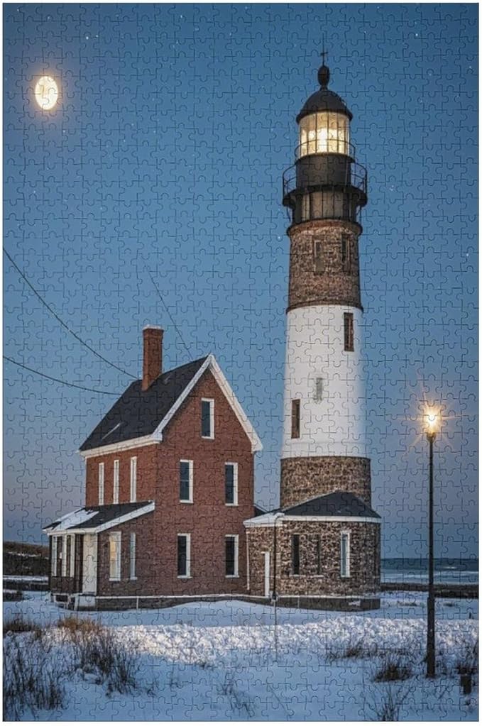 Puzzles for Adults 1000 Pieces Wooden Jigsaw Puzzle - Lighthouse Near Building Winter Theme Puzzle，Party Games，Family Toys，Educational Puzzles，Stress Relief Wooden Puzzle，Gifts for Family and Friends