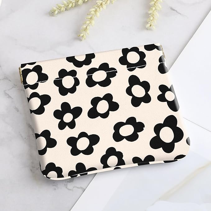 2Pcs PU Leather Small Squeeze Coin Purse Pouch Mini coin Bag Unique And Cute Wallet Cosmetic Bags Change Bag For Women Girls Men Black And Beige daisy