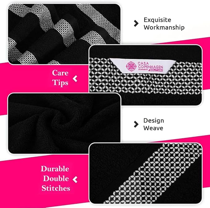 CASA COPENHAGEN Solitaire Towels, 4 Pieces Bath Towel Set- Black, 600 GSM Designed in Denmark Made of Soft Egyptian Cotton for Bathroom, Kitchen & Shower