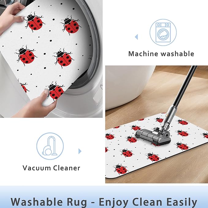 Cute Red Ladybugs Bathroom Rug 29.5"x17", Super Absorbent Fast Drying Bath Mat with Non-Slip Rubber Backing, Thin Low-Profile Easy-Clean Bathroom Floor Mat for Shower or Tub