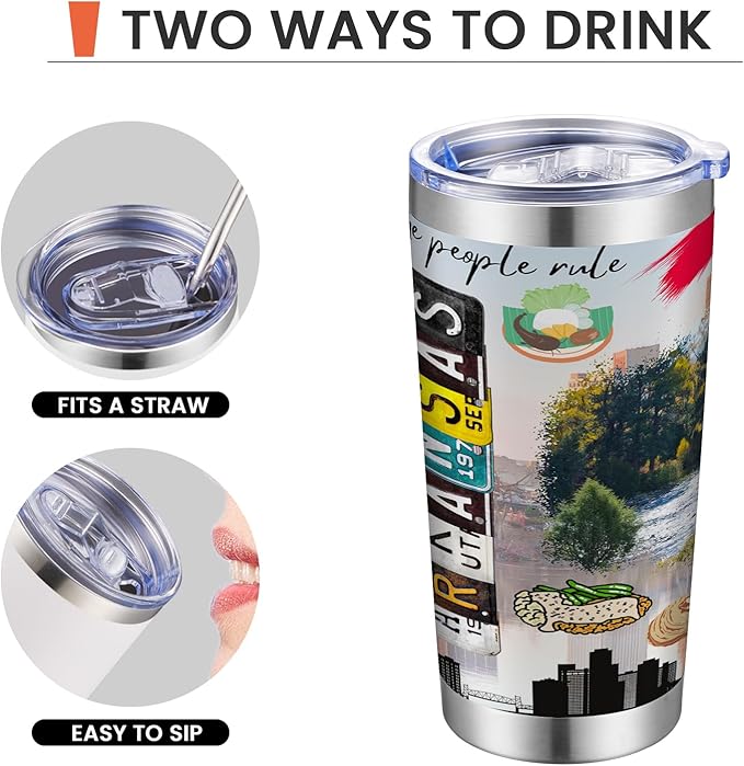 20oz Insulated Tumbler Arkansas State Coffee Mug, United States Map Travel Mug Landmark, Birthday Gifts Cute Custom Tumbler Cups with Lid and Straw Mothers Day Gifts