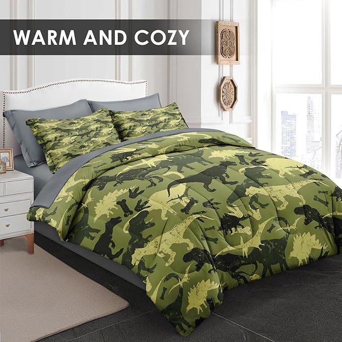 Comforter Set King Size, Camouflage Dino Dinosaur 7 Pcs Bedding for Kids and Adults, Cute Funny Green Bed Sheet Sets with Fitted Sheet 2 Pillowcases & 2 Shams for Bedroom Bed Decor