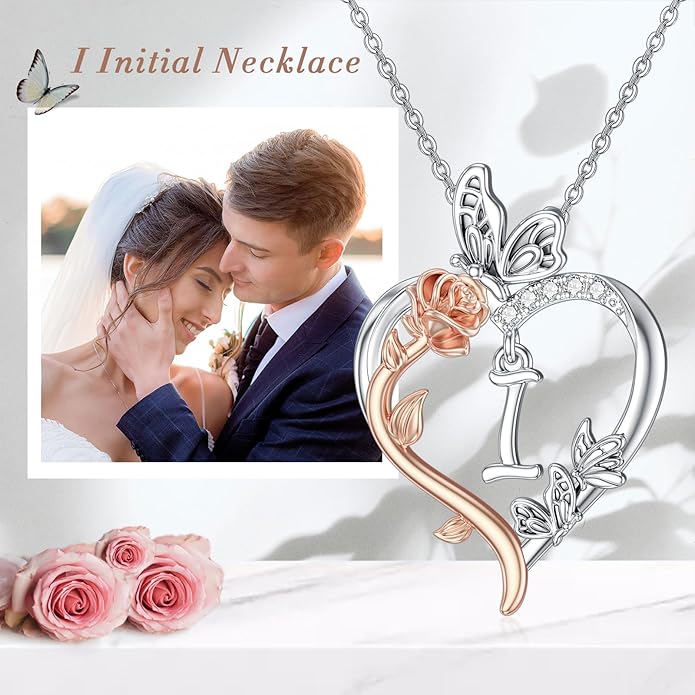 TOUPOP Rose Heart Necklaces Gifts for Women 925 Sterling Silver Butterfly Heart Initial Necklace Anniversary Valentines Day Birthday Jewelry Gifts for Mom Her Wife Girlfriend Daughter